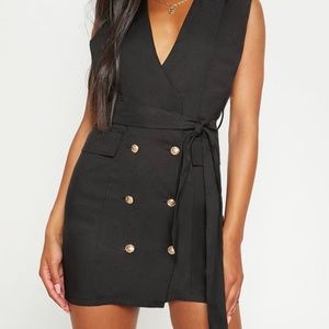 Black Sleeveless Gold Button Detail Blazer Dress